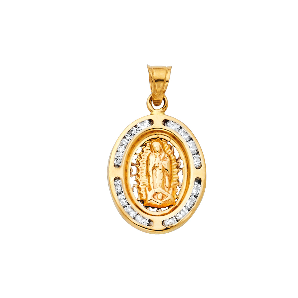 14K Yellow Gold Small Religious Cz Virgen De Guadalupe Charm Pendant